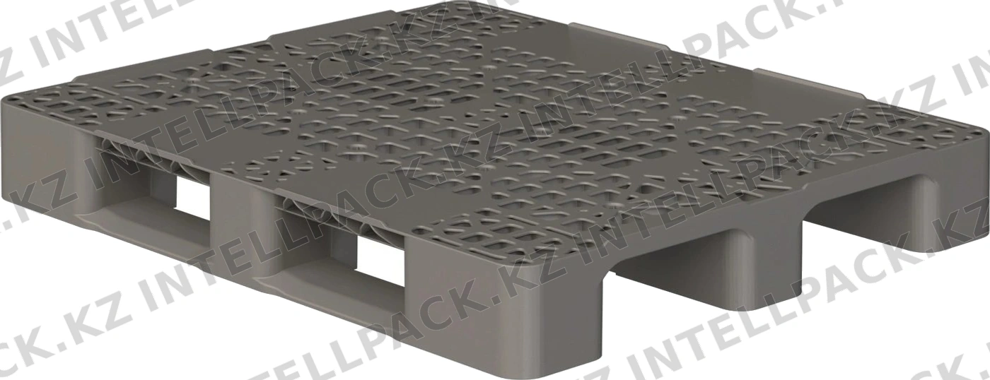 Пластиковый паллет 1200x1000x150 мм iPlast серый многооборотный перфорированный на 3 полозьях с бортиком