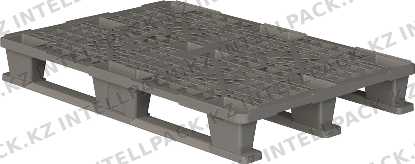 Пластиковый паллет 1200x800x150 мм iPlast серый многооборотный перфорированный на 3 полозьях с бортиком