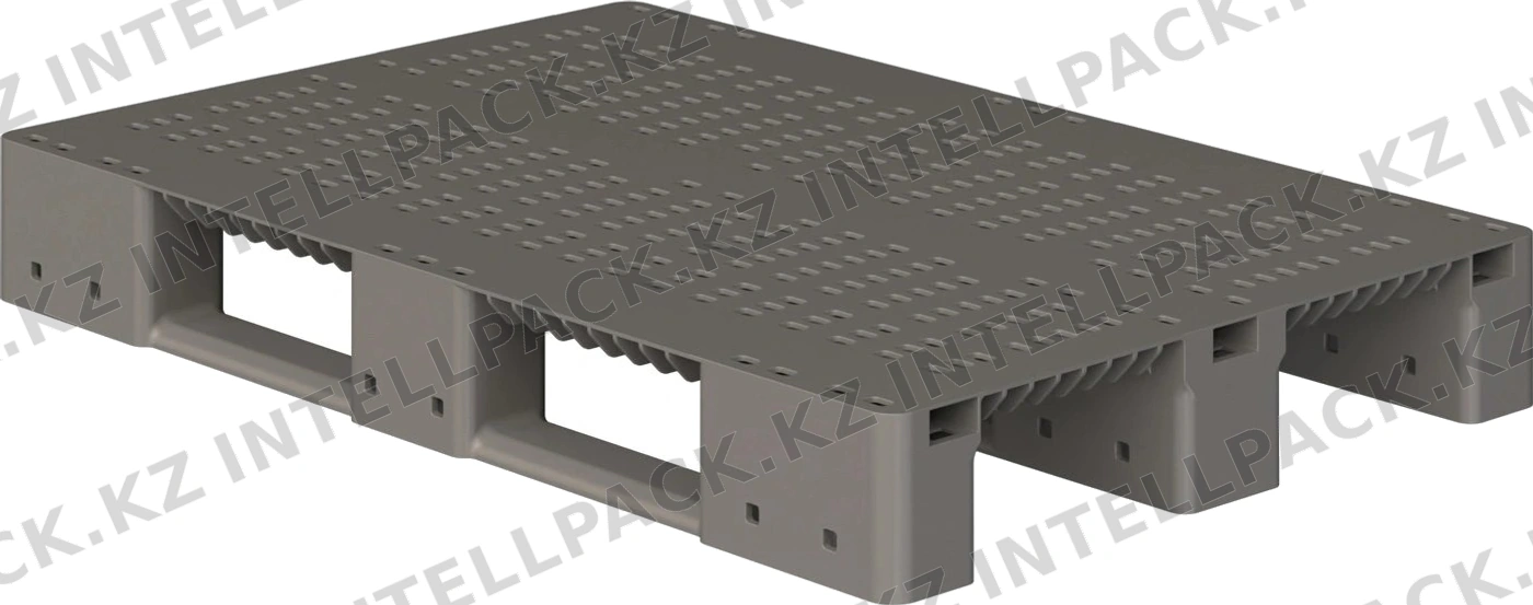 Пластиковый паллет 1200x800x150 мм iPlast серый перфорированный на 3 полозьях без бортика
