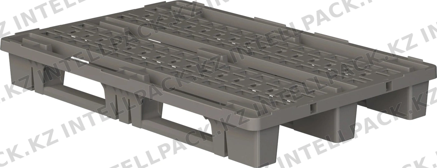 Пластиковый паллет 1200x800x153 мм iPlast серый ЭКО полипропиленовый перфорированный на 3 полозьях с бортиком