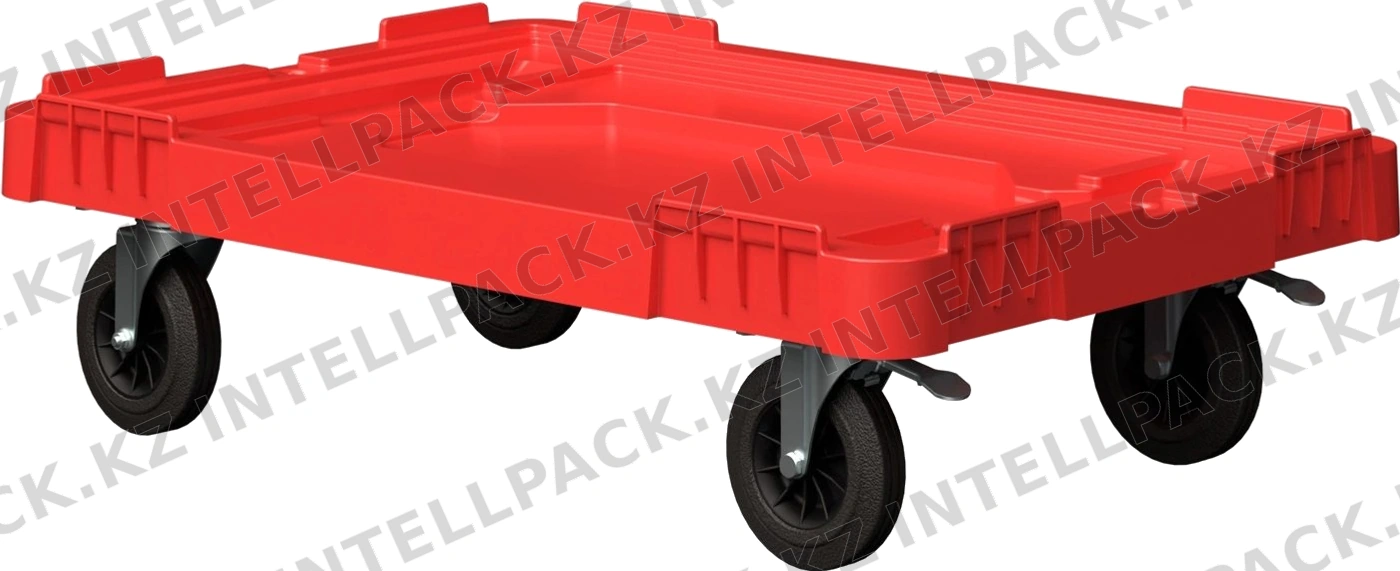 Складская тележка 620х420х185 мм iPlast красная 4-колёсная (2 колеса с тормозом) с 2 трубами усиления